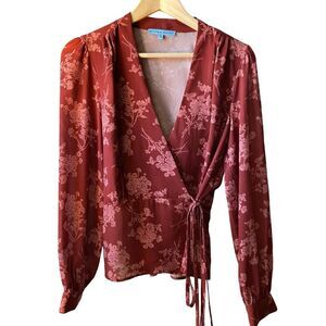 Antonio Melani Top‎ Womens Medium Red Floral Wrap Long Sleeve Career Artsy Boho